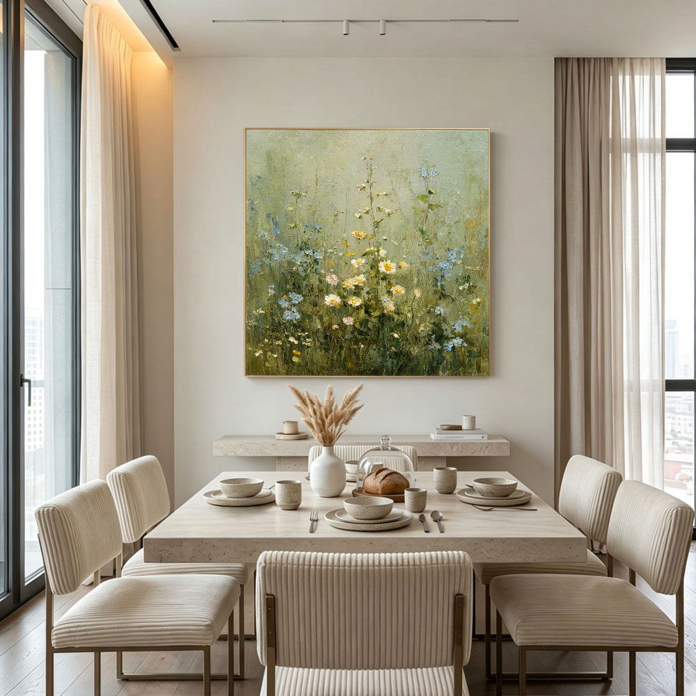 Vintage Wildflower Meadow Textured Impasto Wall Art, Soft Green Beige White Rustic Floral Landscape Painting, Nature Inspired Framed Artwork for Living Room Bedroom Dining Room Hallway Office