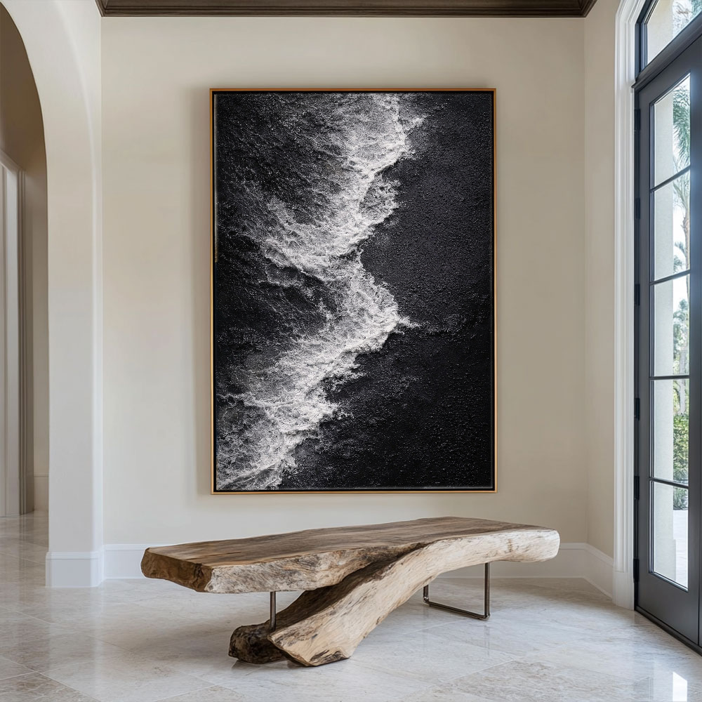 Black and White Abstract Ocean Wave Textured Canvas Wall Art Modern Minimalist Coastal Scene Artwork for Living Room Bedroom Office Hallway Dining Room
