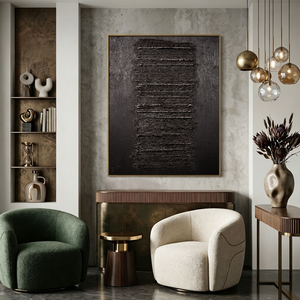 Minimalist Dark Abstract Geometric Textured Wall Art - Modern Monochrome Impasto Black Grey Vertical Line Artwork for Contemporary Living Room Office Bedroom Decor