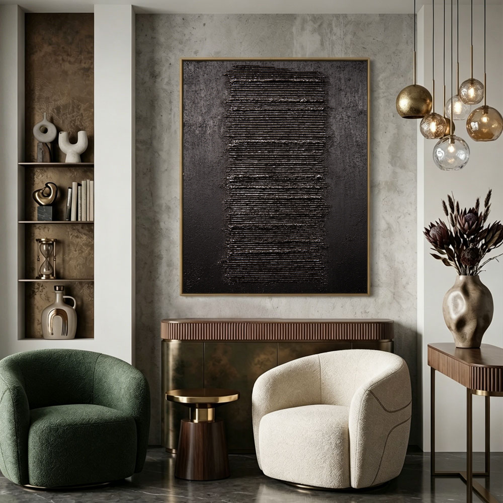 Minimalist Dark Abstract Geometric Textured Wall Art - Modern Monochrome Impasto Black Grey Vertical Line Artwork for Contemporary Living Room Office Bedroom Decor