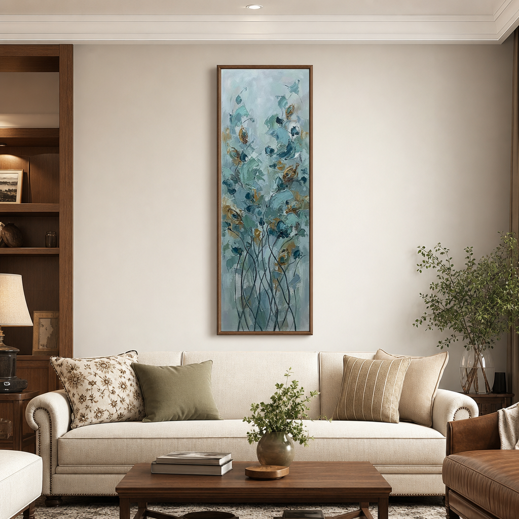 Tall Vertical Abstract Blue Beige Gold Floral Impasto Canvas Wall Art - Soft Muted Botanical Flower and Tree Artwork with Thick Knife Brush Paint Stacking, Minimal Elegant Textured Decor for Living Room Bedroom Office Hallway Dining Room