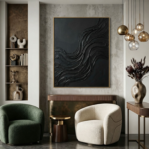 Black Abstract Wavy Textured Thick Impasto Wall Art Modern Dark 3D Brush Stroke Artwork Minimalist Monochrome Oil Painting for Living Room Bedroom Office Hallway Dining Room