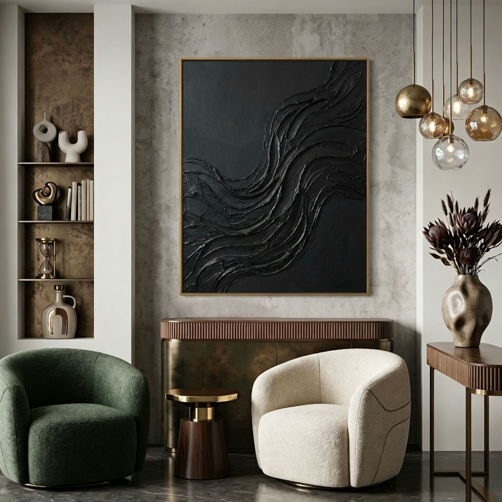 Black Abstract Wavy Textured Thick Impasto Wall Art Modern Dark 3D Brush Stroke Artwork Minimalist Monochrome Oil Painting for Living Room Bedroom Office Hallway Dining Room