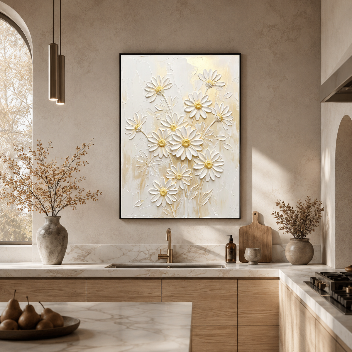 White and Gold Daisy Flower 3D Relief Textured Vertical Wall Art for Living Room