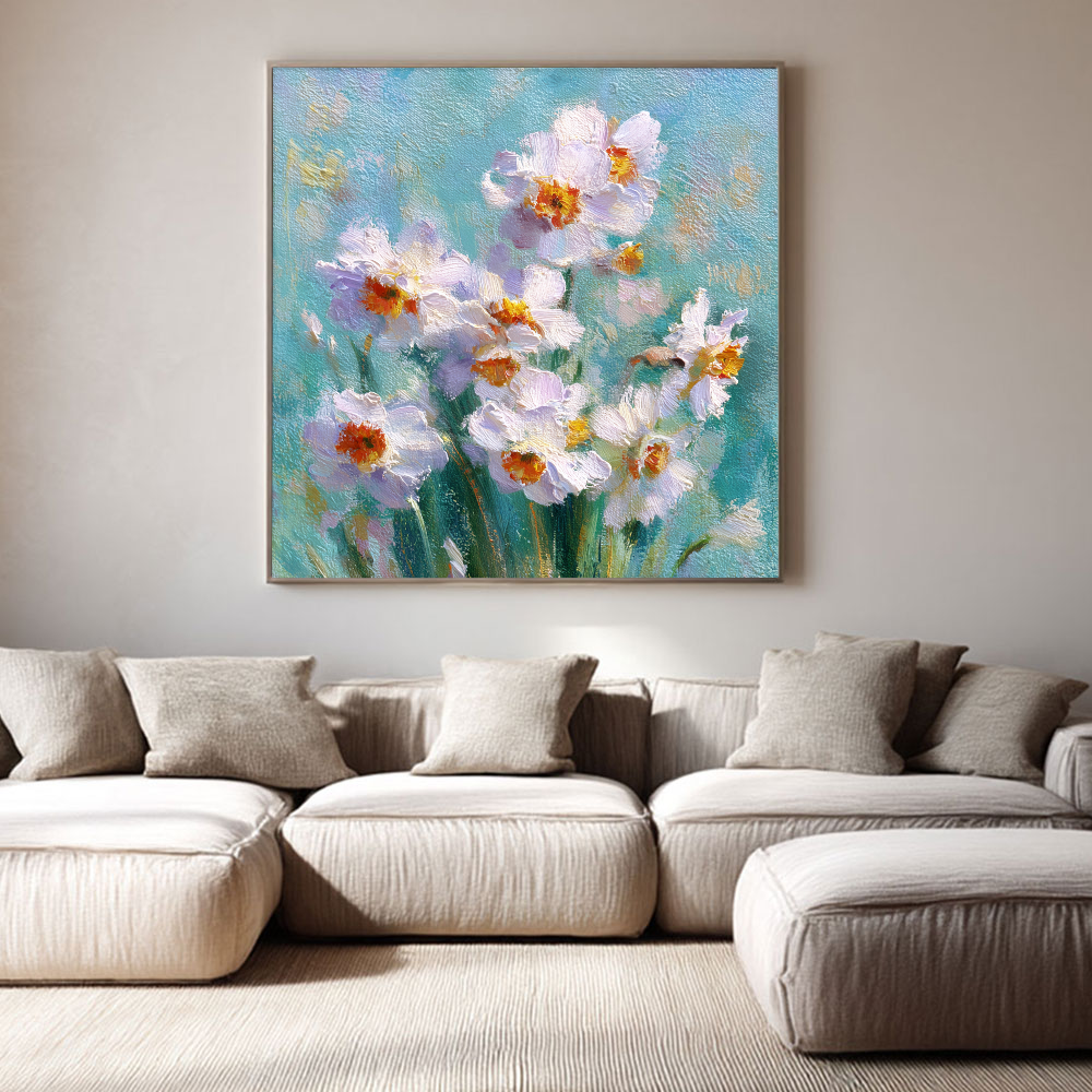 White Daffodils Flower Impasto Oil Painting on Canvas, Turquoise Blue Background Textured Floral Wall Art, Modern Living Room Bedroom Home Decor