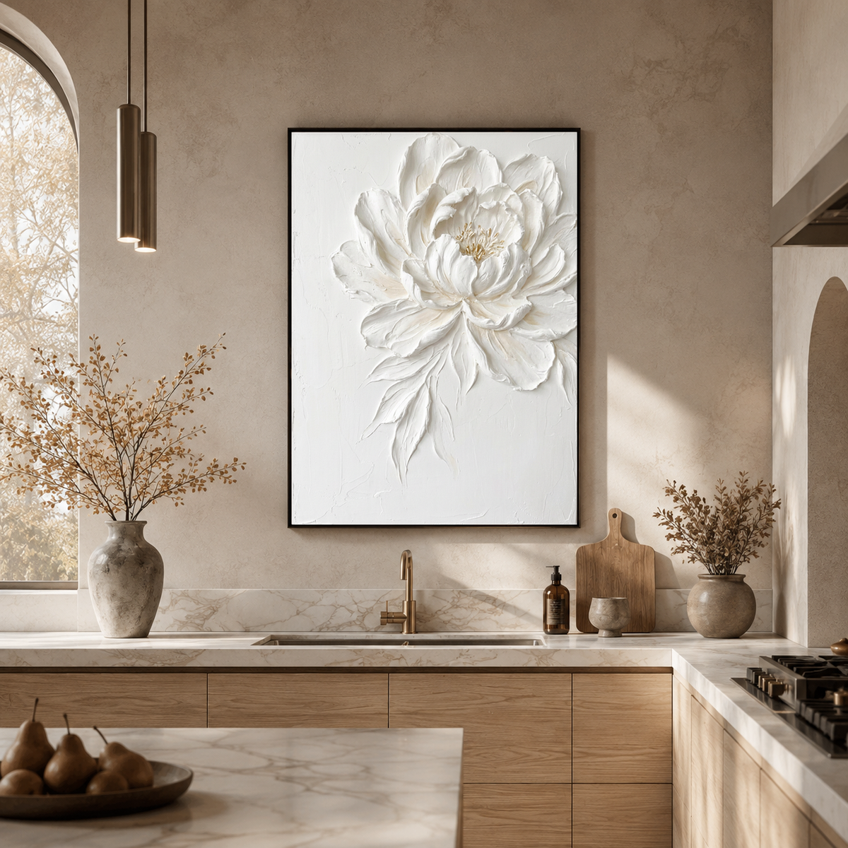 White Beige Gold Textured 3D Relief Vertical Flower Wall Art for Bedroom