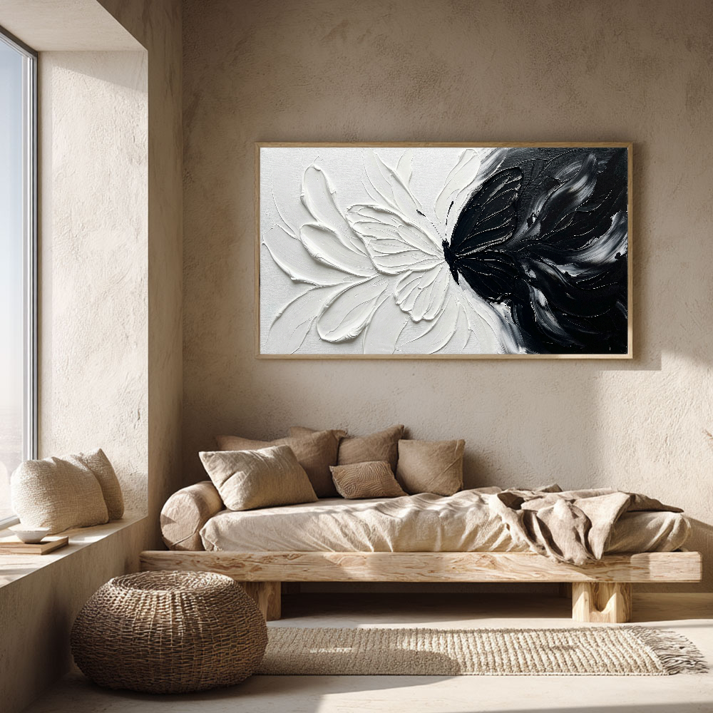 Black and White Butterfly Split Abstract Impasto Wall Art Thick Textured Palette Knife Contrast Artwork Modern Minimalist Contrast Painting for Home Living Room Bedroom Office Dining Room Hallway Decor#TW193