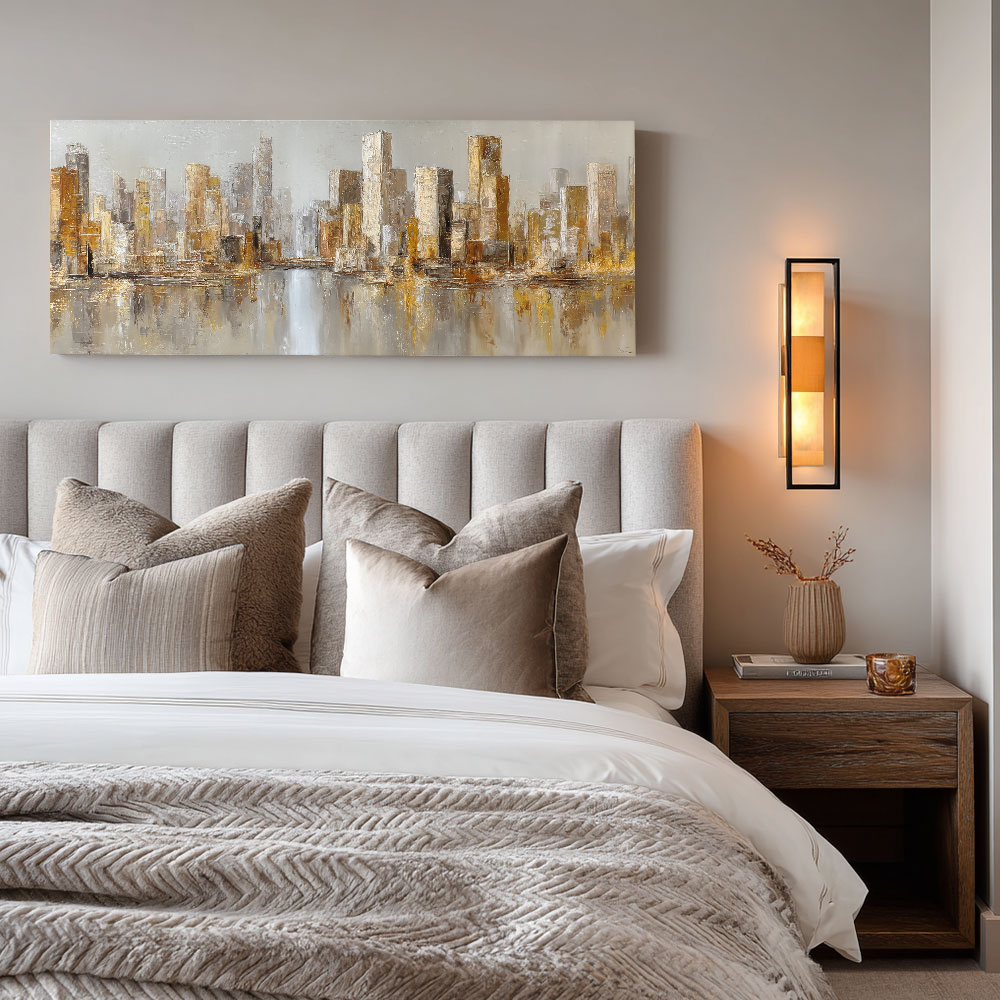 Abstract Modern Urban Cityscape Skyline Wall Art Gold and Grey Textured Panoramic Canvas Painting with River Reflection Elegant Minimalist Decor for Living Room Office Hallway Bedroom Dining Room