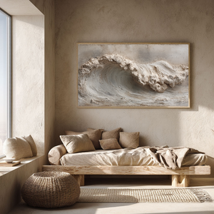 Textured Plaster 3D Relief Abstract Ocean Wave Wall Art Neutral Beige White Light Grey Modern Minimalist Wabi Sabi Stucco Decor for Living Room Bedroom Office Dining Room Hallway