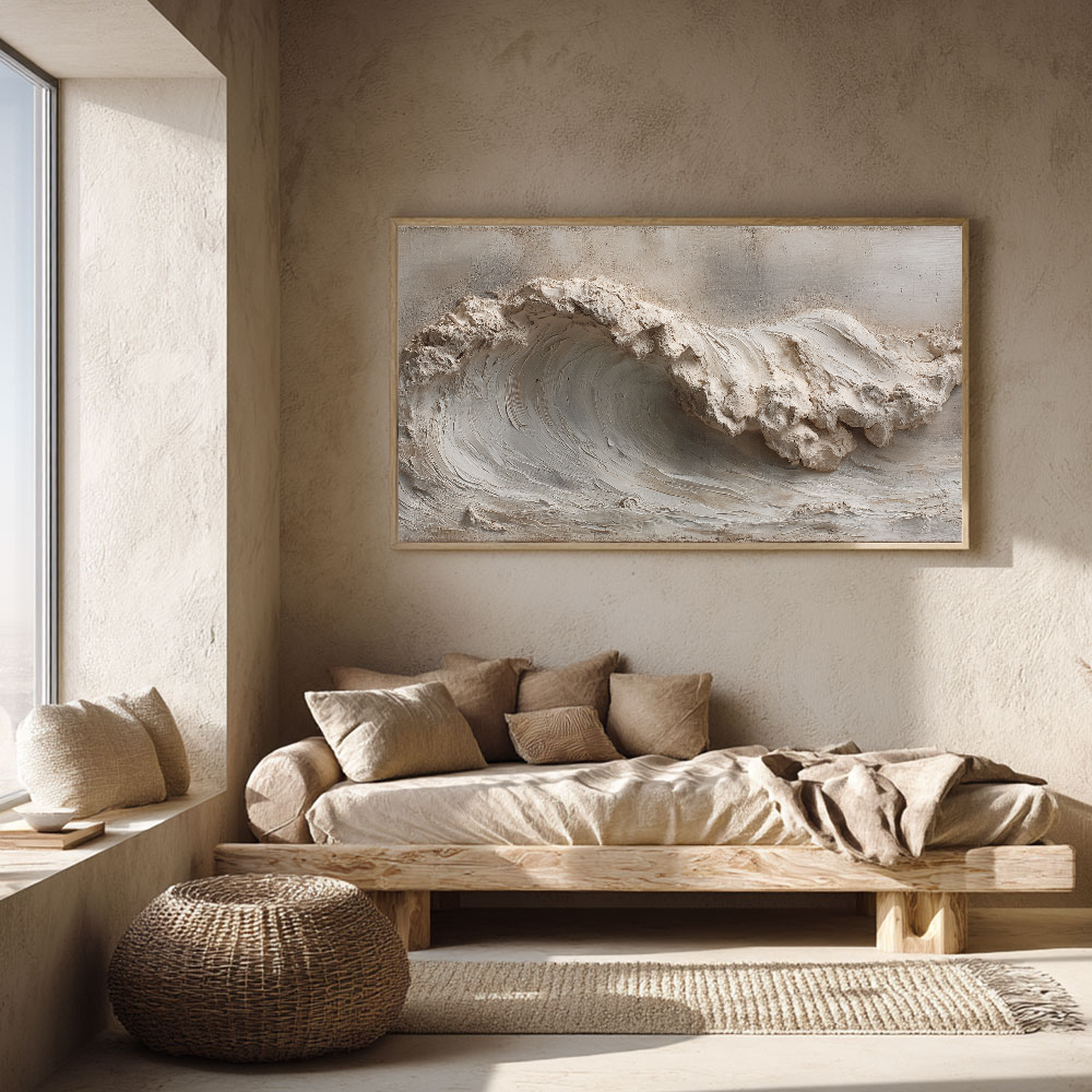 Textured Plaster 3D Relief Abstract Ocean Wave Wall Art Neutral Beige White Light Grey Modern Minimalist Wabi Sabi Stucco Decor for Living Room Bedroom Office Dining Room Hallway