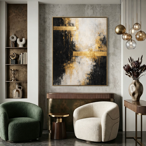 Bold Black Gold White Abstract Textured Wall Art – Modern Vertical Canvas Decor with Impasto Knife Brushwork, Contrast Metallic Lines for Contemporary Living Room Bedroom Office Dining Hallway