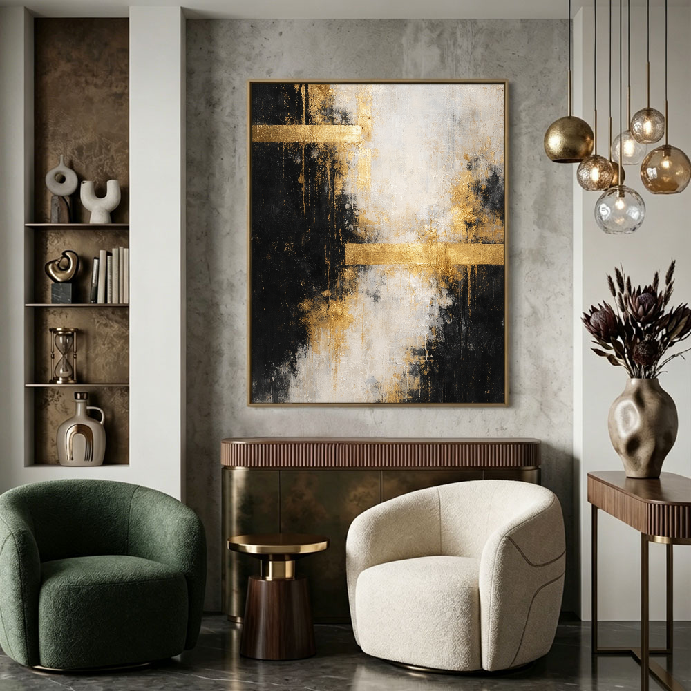 Bold Black Gold White Abstract Textured Wall Art – Modern Vertical Canvas Decor with Impasto Knife Brushwork, Contrast Metallic Lines for Contemporary Living Room Bedroom Office Dining Hallway