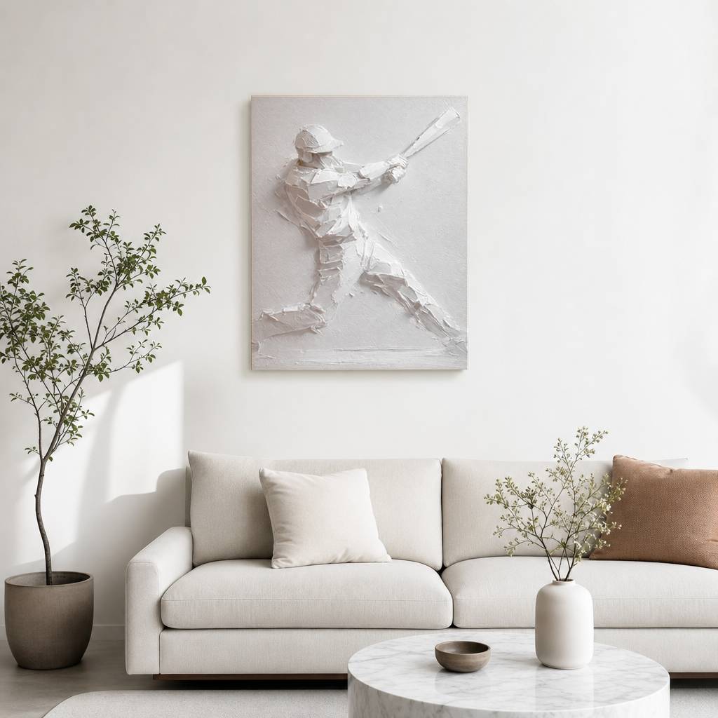 Sport Baseball Player White Textured 3D Relief Plaster-style Vertical Wall Art for Living Room