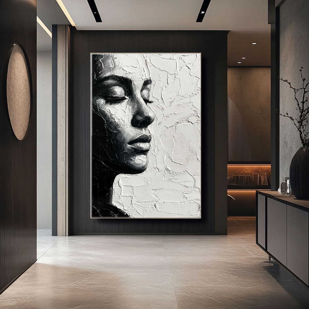 Black and White Impasto Textured Portrait Wall Art – Elegant Serene Woman's Profile with Thick Layered Knife Brushwork, High Contrast Minimalist Monochrome Design, Ideal for Modern Home and Office Decor