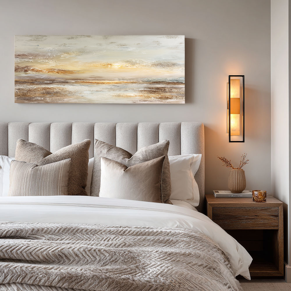 Large Framed Abstract Textured Sunset Seascape Wall Art, Modern Coastal Beige Brown White Gold Canvas Painting, Thick Impasto Knife Stroke Artwork for Living Room Bedroom Office Hallway Dining Room Home Decor