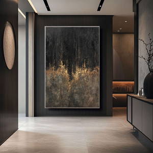 Moody Black Dark Grey Brown Gold Abstract Textured Wall Art Modern Dark Minimalist Impasto Canvas Painting for Contemporary Office Hallway Dining Room Bedroom Living Room Decor