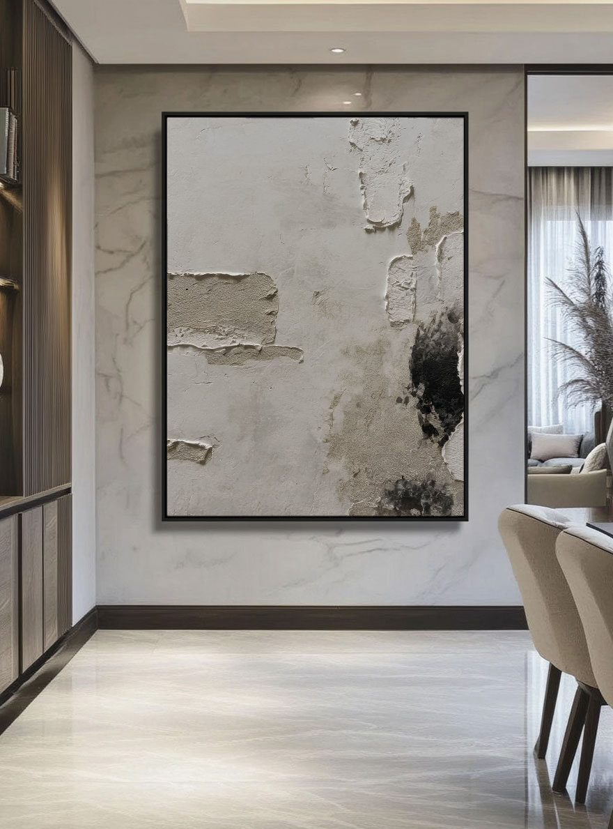 Minimalist Asymmetrical Wabi Sabi Abstract Textured Plaster Wall Art, Neutral Beige Black Dark Medium Grey Real Pigment Tones, Aged Worn Imperfect Texture, Modern Contemporary Boho Home Decor for Living Room Bedroom Office Dining Room Hallway