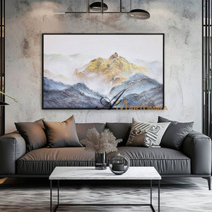Abstract Landscape Art | Blue And Gold Wall Art | Mountains Painting | Paintings For Living Room #DF014