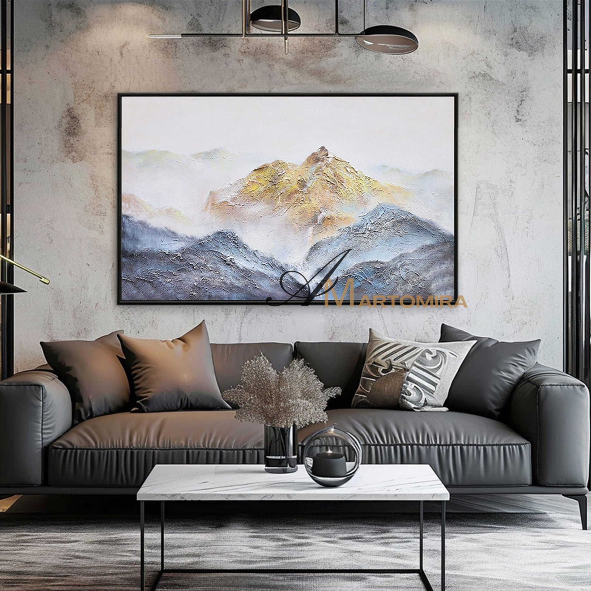 Abstract Landscape Art | Blue And Gold Wall Art | Mountains Painting | Paintings For Living Room #DF014