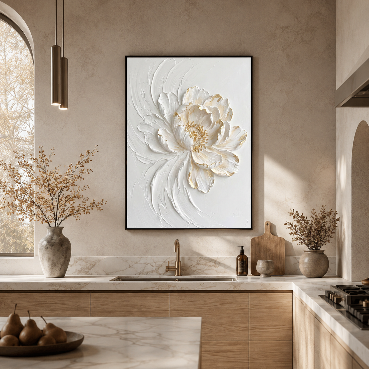 White and Gold Textured 3D Relief Flower Vertical Wall Art for Living Room Bedroom