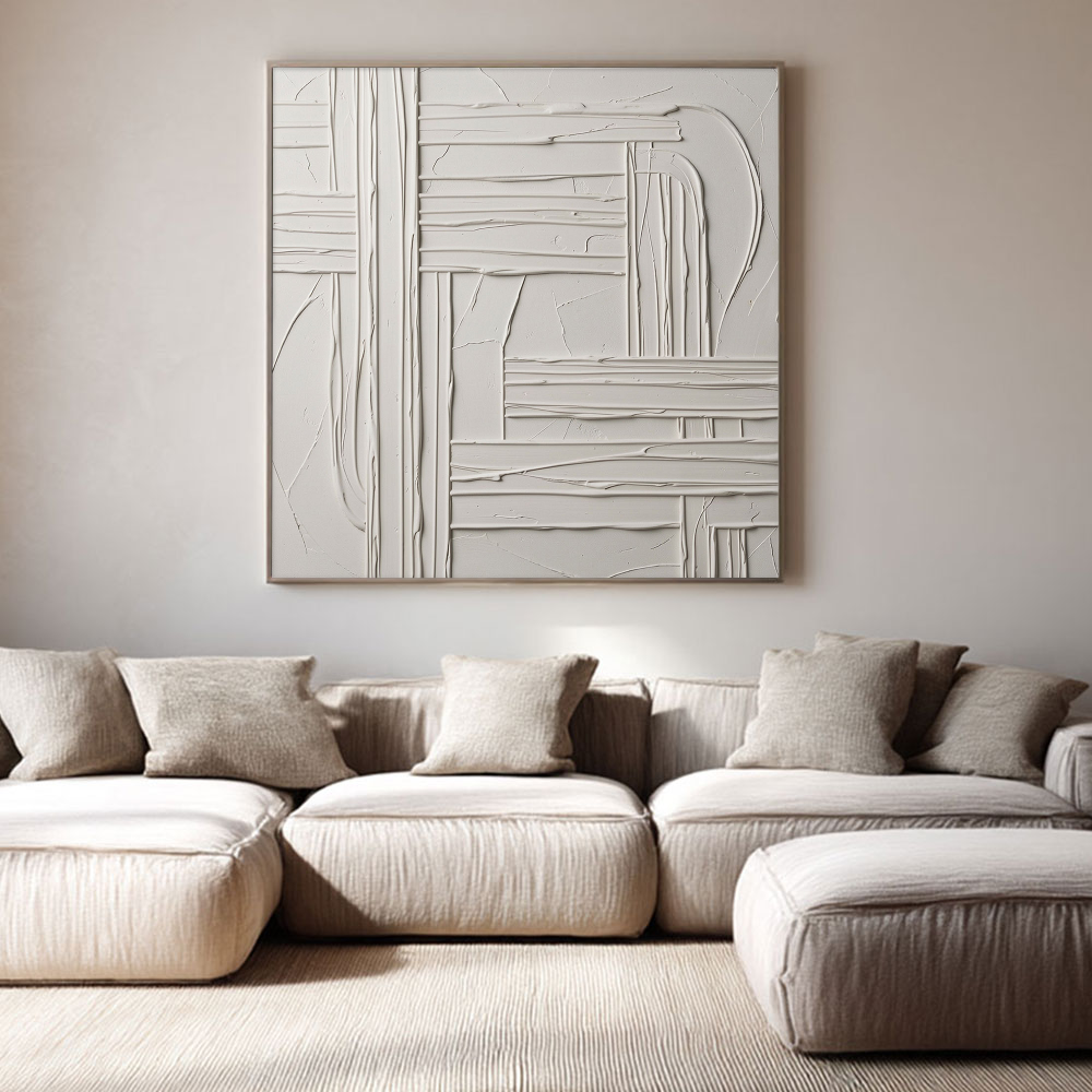 Minimalist White Light Grey Textured 3D Relief Abstract Geometric Wall Art for Modern Living Room Bedroom Office Dining Room Hallway Decor
