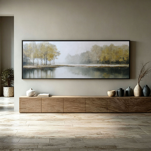 Misty Lakeside Acrylic Abstract Landscape Painting | Hand-Painted Canvas