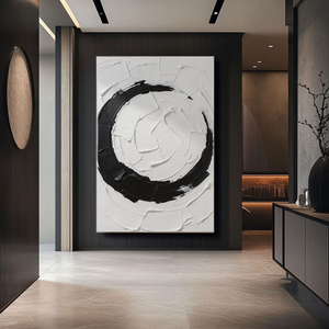 Minimalist Black and White Abstract Circular Impasto Wall Art, Bold Textured Brushstrokes Thick Paint Stacking Knife Marks Modern Geometric Line Decor for Contemporary Spaces