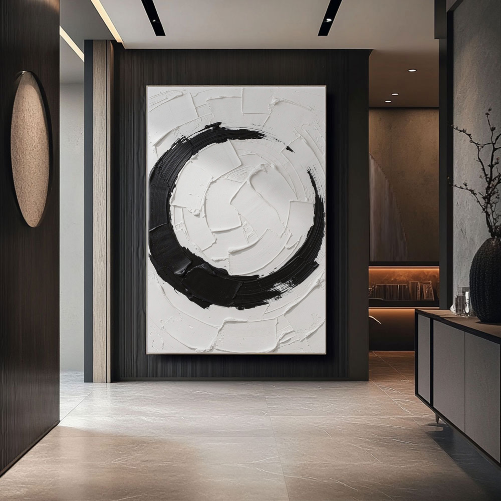 Minimalist Black and White Abstract Circular Impasto Wall Art, Bold Textured Brushstrokes Thick Paint Stacking Knife Marks Modern Geometric Line Decor for Contemporary Spaces