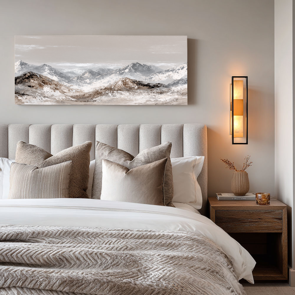 Serene Neutral Toned Mountain Range Stylized Landscape Framed Canvas Wall Art Textured Impasto Style for Modern Minimalist Rustic Home Decor Office Living Room Bedroom Dining Hallway