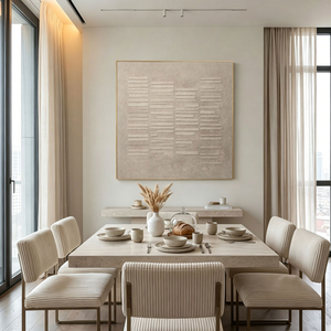 Minimalist Neutral Beige Light Grey Geometric Line Textured Plaster Abstract Square Wall Art for Modern Minimal Living Spaces