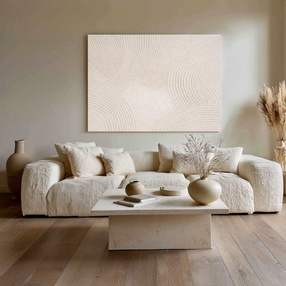 Minimalist Abstract Beige White Textured Geometric Arc Lines Framed Canvas Wall Art Neutral Modern Decor for Living Room Bedroom Office