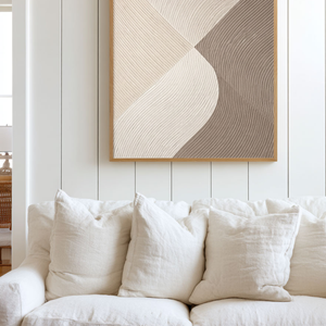 Modern Minimalist Abstract Curved Waves Neutral Beige Brown White Textured Framed Wall Art, Elegant Handcrafted Geometric Line Painting for Contemporary Home Decor