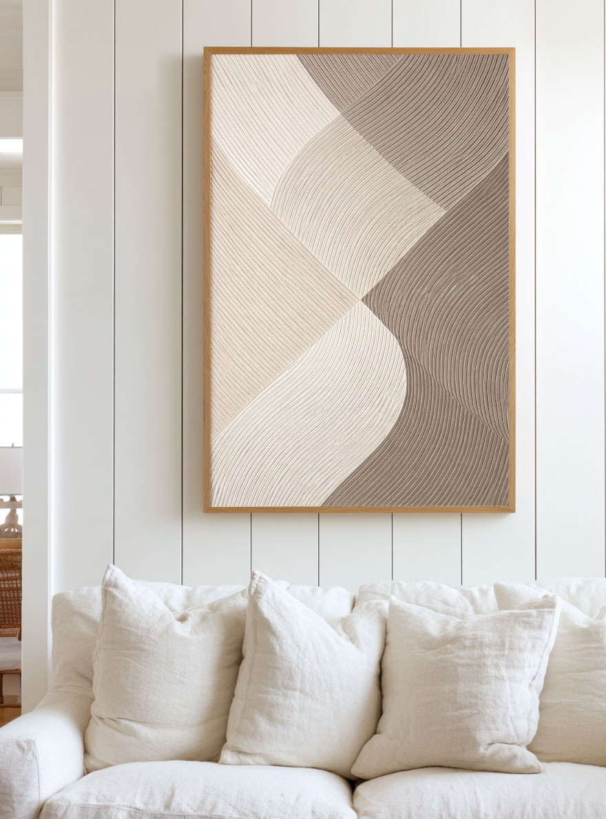 Modern Minimalist Abstract Curved Waves Neutral Beige Brown White Textured Framed Wall Art, Elegant Handcrafted Geometric Line Painting for Contemporary Home Decor