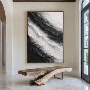 Black and White Abstract Diagonal Wave Textured Impasto Wall Art, Modern Monochrome Contrast Thick Knife Brush Stacked Painting, Minimalist Contemporary Handcrafted Decor for Interior Spaces
