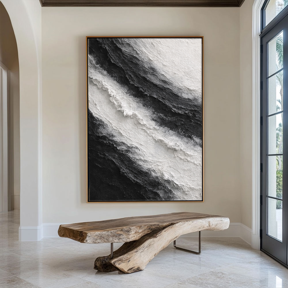 Black and White Abstract Diagonal Wave Textured Impasto Wall Art, Modern Monochrome Contrast Thick Knife Brush Stacked Painting, Minimalist Contemporary Handcrafted Decor for Interior Spaces