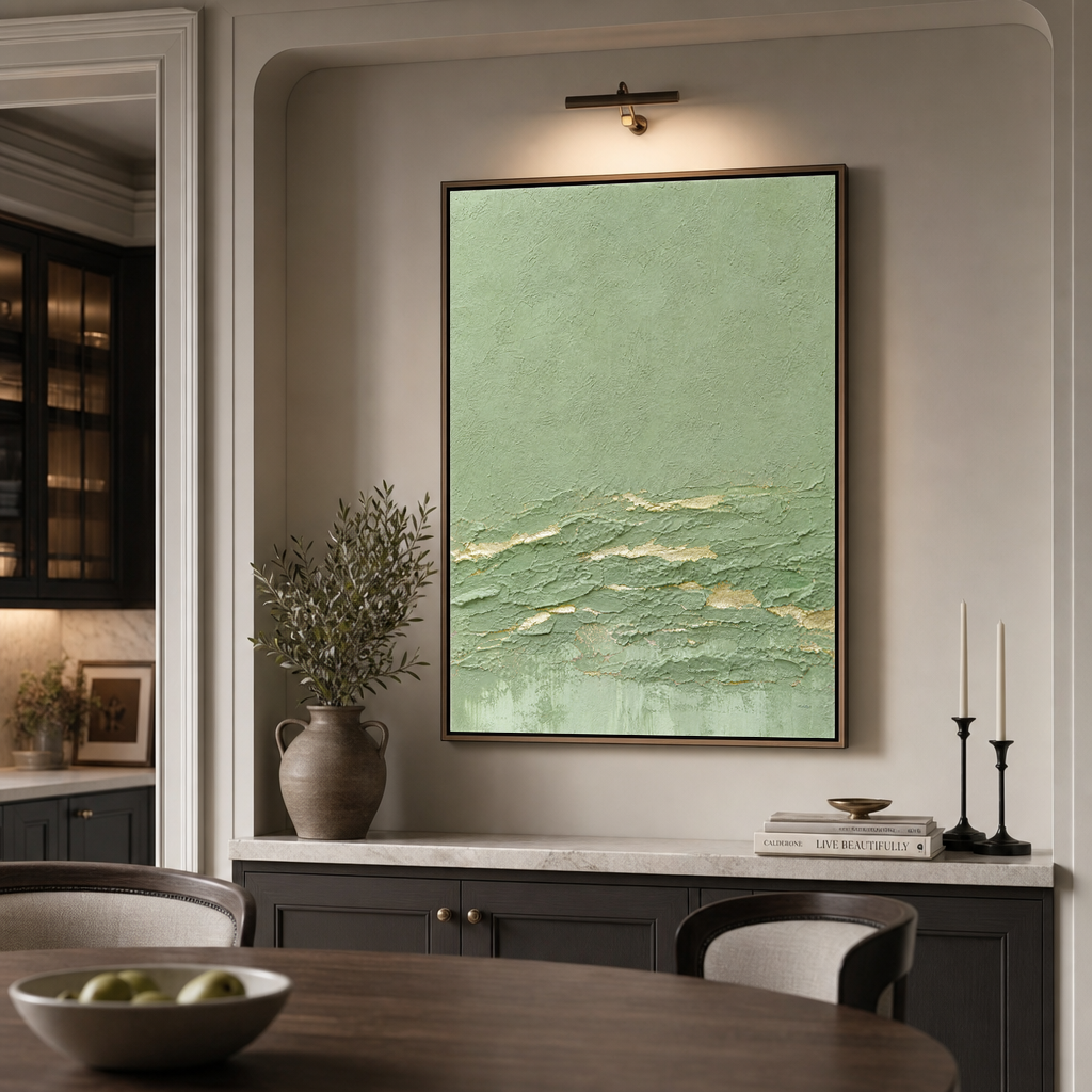 Textured Abstract Sage Green and Gold Plaster Texture Vertical Wall Art for Living Room