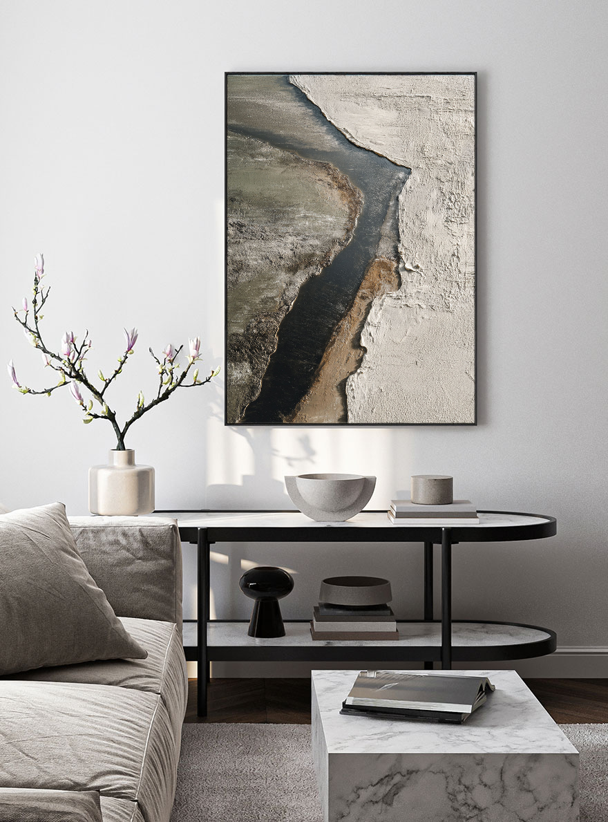 Minimalist Abstract Textured Riverbed Landscape Wabi Sabi Style Framed Canvas Wall Art, Thick Impasto Paint with Knife Marks, Neutral Tone Decor for Modern Home & Office
