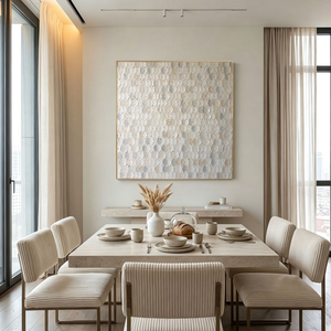 Minimalist Neutral Textured Abstract Oval Dot Impasto Wall Art, Soft White Beige Light Medium Grey Palette, Modern Calm Relaxing Painting for Contemporary Living Room Bedroom Office Dining Hallway Decor