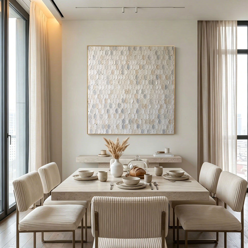 Minimalist Neutral Textured Abstract Oval Dot Impasto Wall Art, Soft White Beige Light Medium Grey Palette, Modern Calm Relaxing Painting for Contemporary Living Room Bedroom Office Dining Hallway Decor
