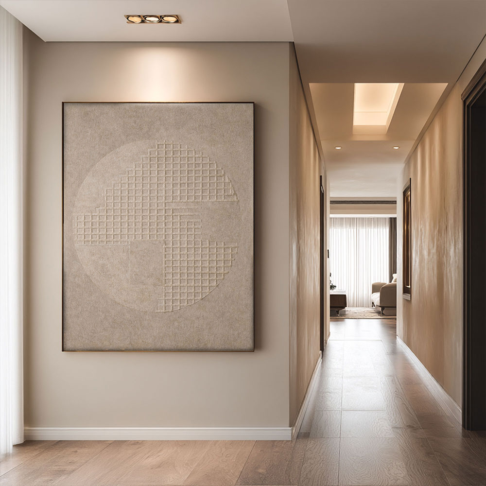 Minimalist Neutral Beige Geometric Textured Wall Art Modern Abstract Grid Circle Relief Artwork Wabi-Sabi Style Elegant Subtle Tonal Decor for Office Living Room Bedroom Dining Room Hallway