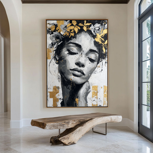 Black and White Gold Accent Textured Portrait Woman with Floral Crown Impasto Canvas Wall Art for Modern Living Room Bedroom Office Dining Hallway Decor