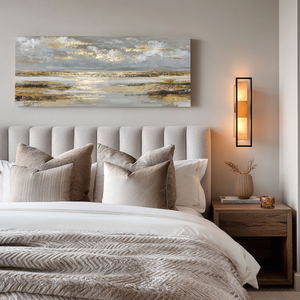 Elegant Abstract Grey and Gold Textured Ocean and Sky Landscape Framed Canvas Wall Art Modern Sophisticated Decor for Living Room Bedroom Office Hallway Dining Room Large Panoramic Artwork