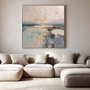 Abstract Ocean Sky Landscape Textured Wall Art, Soft Pink Beige Blue White Impasto Painting for Modern Home Decor, Calm Nature Inspired Artwork for Living Room Bedroom Office