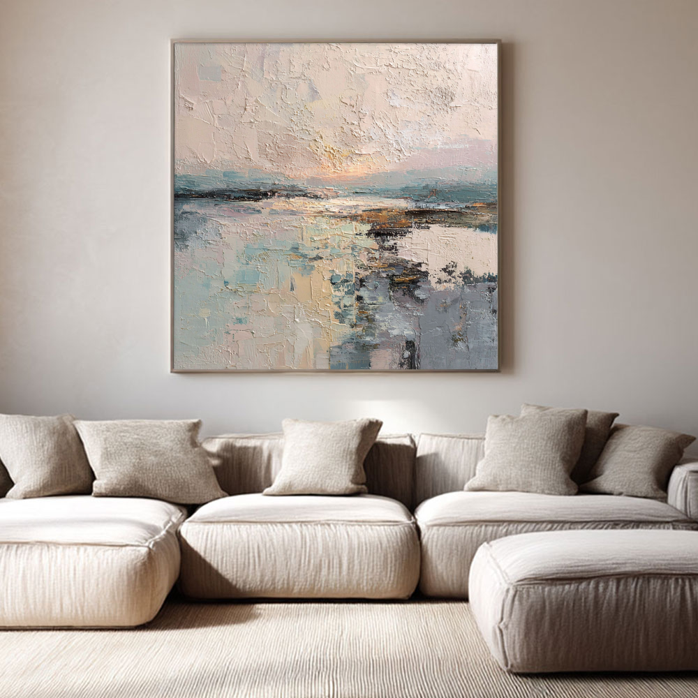 Abstract Ocean Sky Landscape Textured Wall Art, Soft Pink Beige Blue White Impasto Painting for Modern Home Decor, Calm Nature Inspired Artwork for Living Room Bedroom Office