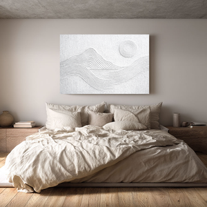 Minimalist White Textured Abstract Mountain Sun Line Landscape Framed Wall Art for Modern Contemporary Home Office Decor
