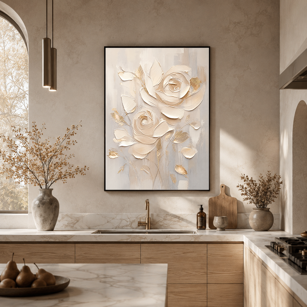 Flower and Tree Textured Beige Soft Gray Gold Acrylic-Style 3D Relief Vertical Wall Art for Living Room