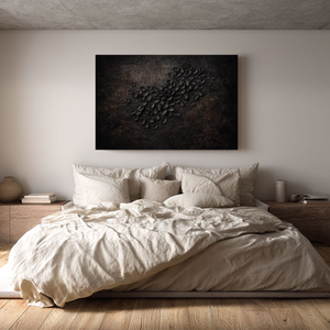 Dark Aesthetic 3D Textured Floral Relief Wall Art with Black Overlapping Petal Sculptures and Aged Worn Brown Earthy Base, Moody Monochrome Botanical Decor for Minimalist Modern Industrial Living Space