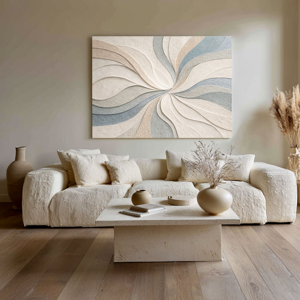 Abstract Blue Beige White Light Grey Textured Swirling Curved Lines Framed Canvas Wall Art - Modern Minimalist Neutral Decor for Living Room Bedroom Office Dining Room Hallway, 200-255 chars placeholder ends