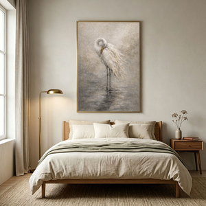 Vintage Muted White Egret Standing in Water Textured Wall Art Neutral Coastal Nature Animal Painting for Bedroom Living Room Dining Room Office Hallway