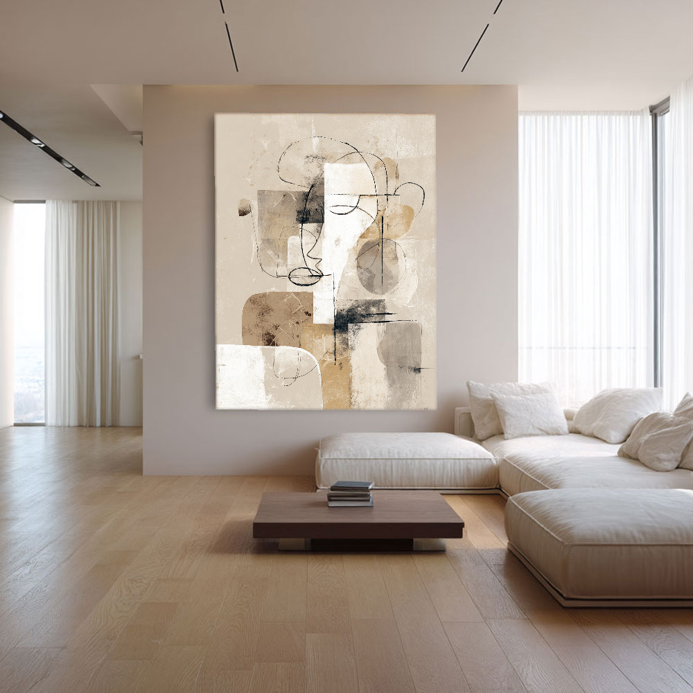 Modern Abstract Neutral Geometry & Lines Textured Canvas Wall Art Beige White Brown Black Subtle Line Drawings Soft Block Shapes Minimalist Home Decor for Living Room Bedroom Office Dining Room Hallway